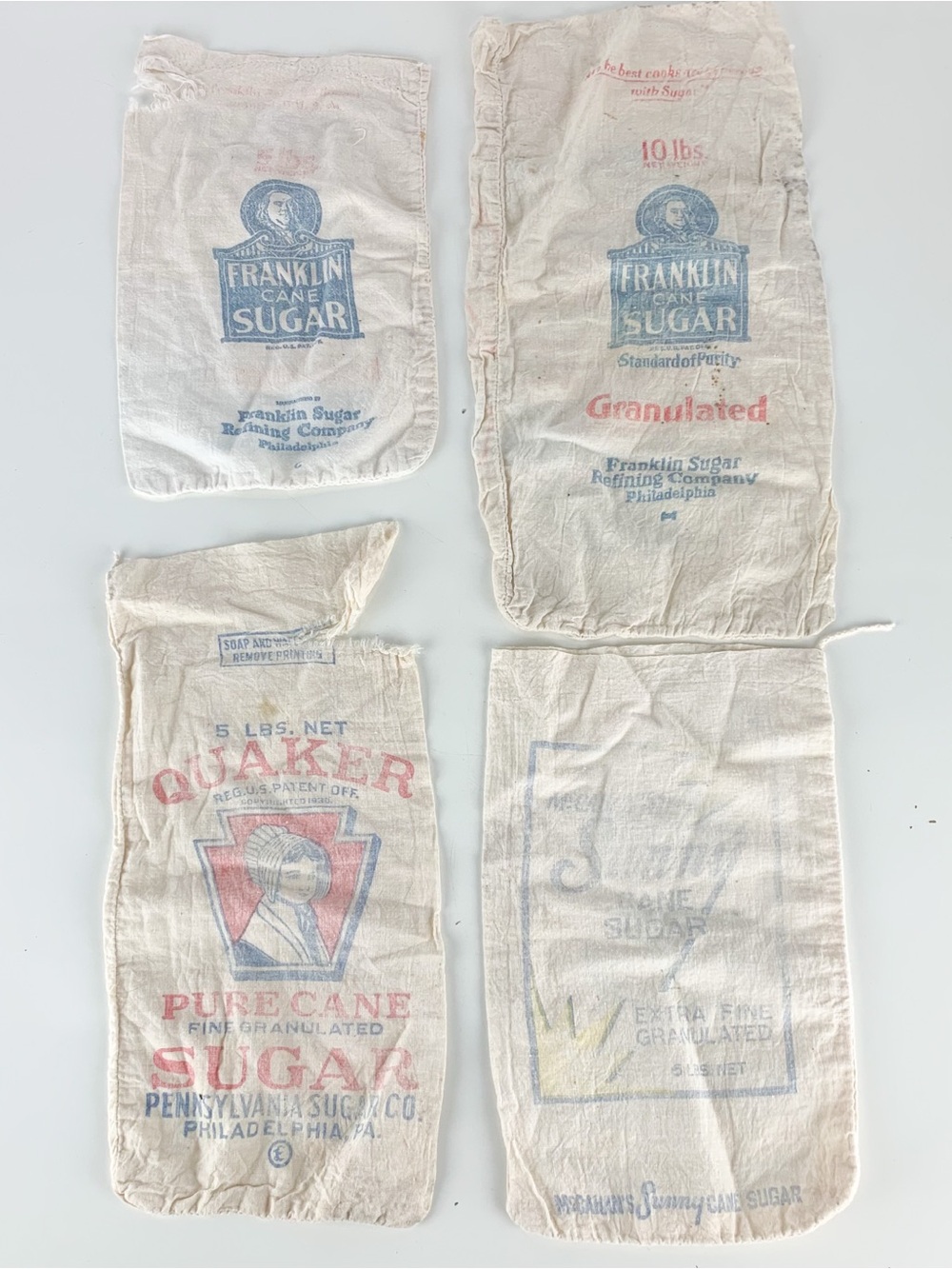 4 Vintage Quaker Franklin Sunny Sugar Sack Farmhouse Textile Americana Bag As Is